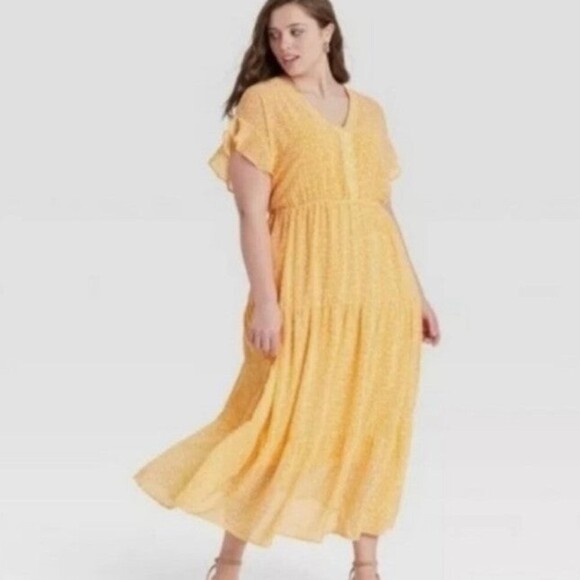 Ava & Viv 0x Flutter Cap Sleeve Maxi Dress Yellow and White - Picture 2 of 8
